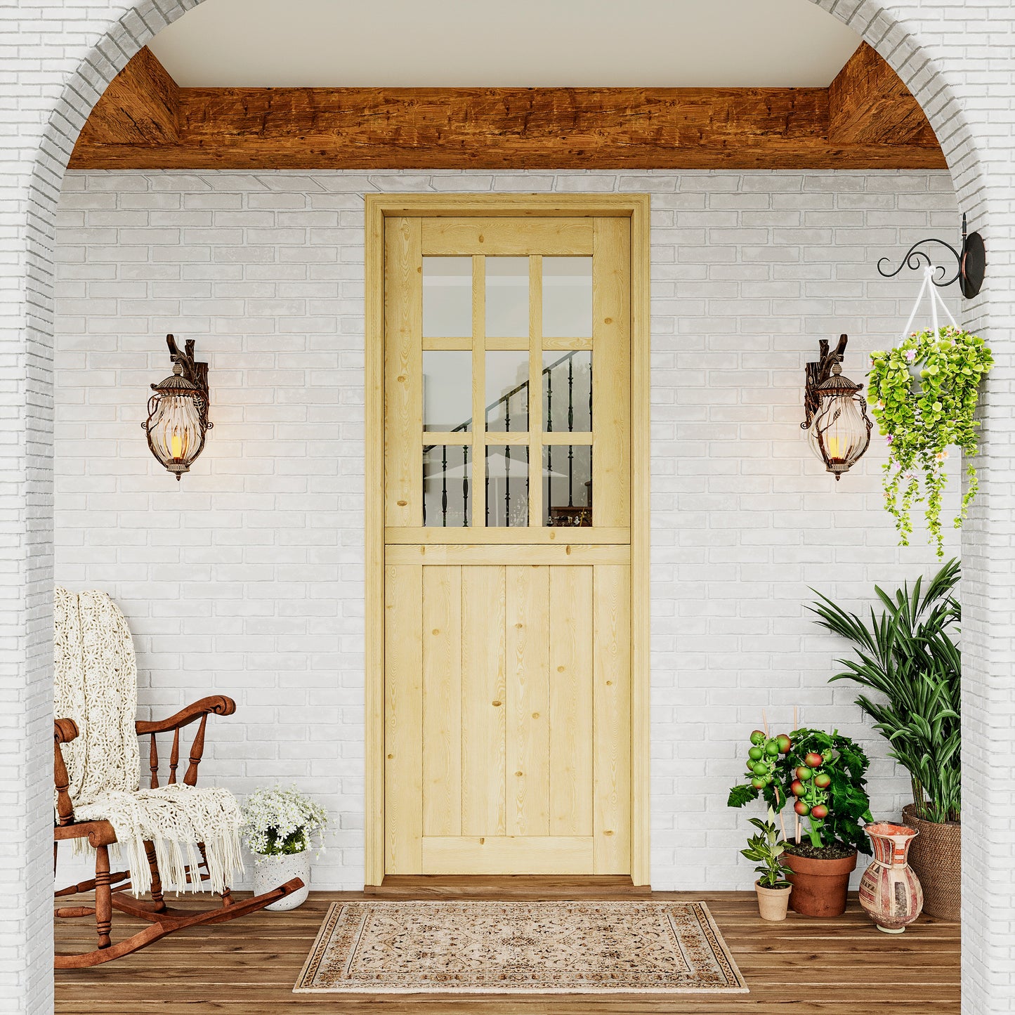 JUJUBON Exterior Prehung Dutch Door, Universal 9 Lite Tempered Clear Glass Split Single Doors, Solid Core Home Entry Door, Natural Pine Wood - with 4 Hinges & 1 Latch & Jamb, Jamb Assembly Needed