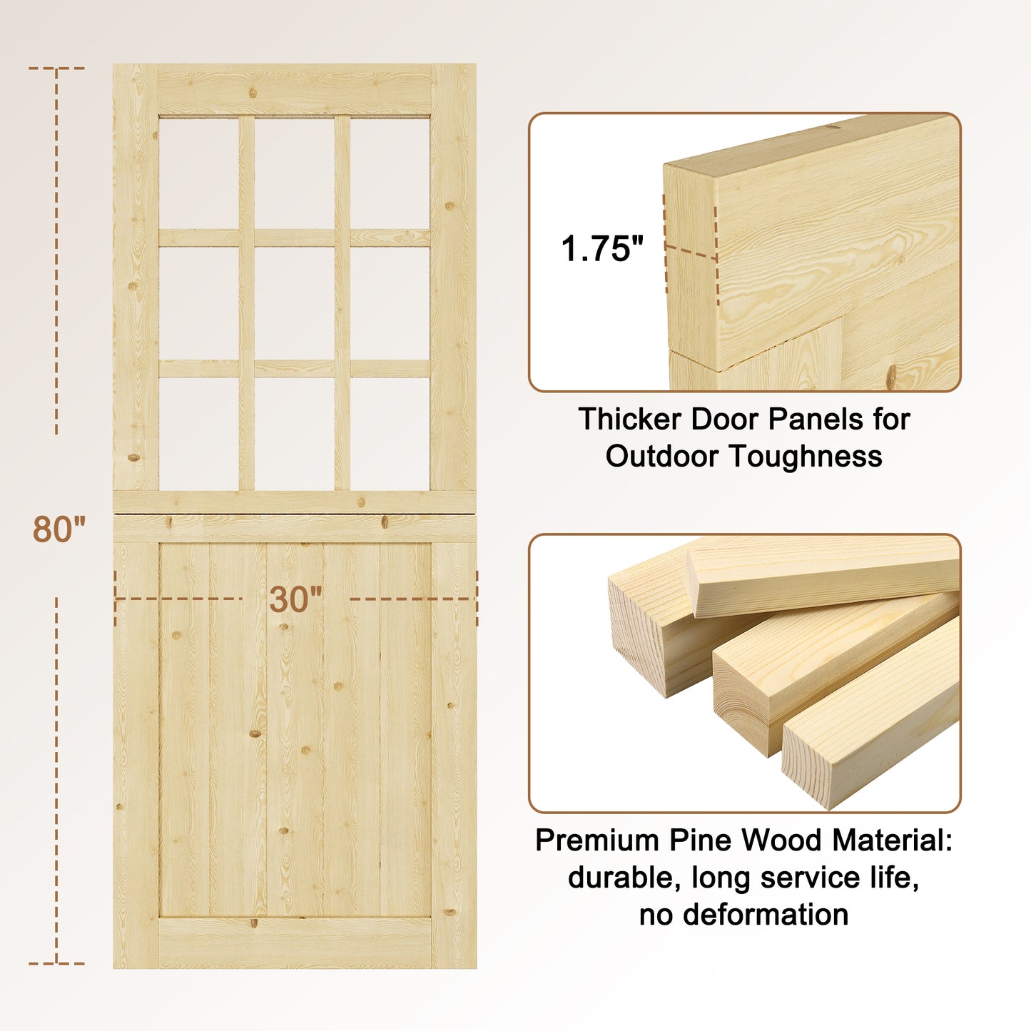 JUJUBON Exterior Prehung Dutch Door, Universal 9 Lite Tempered Clear Glass Split Single Doors, Solid Core Home Entry Door, Natural Pine Wood - with 4 Hinges & 1 Latch & Jamb, Jamb Assembly Needed