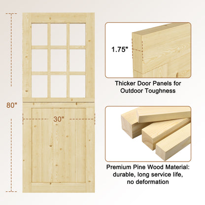 JUJUBON Exterior Prehung Dutch Door, Universal 9 Lite Tempered Clear Glass Split Single Doors, Solid Core Home Entry Door, Natural Pine Wood - with 4 Hinges & 1 Latch & Jamb, Jamb Assembly Needed