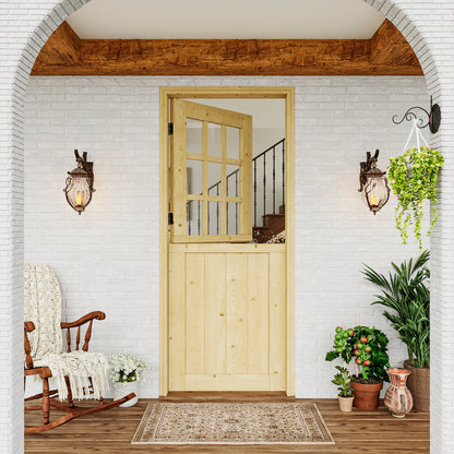 JUJUBON Exterior Prehung Dutch Door, Universal 9 Lite Tempered Clear Glass Split Single Doors, Solid Core Home Entry Door, Natural Pine Wood - with 4 Hinges & 1 Latch & Jamb, Jamb Assembly Needed