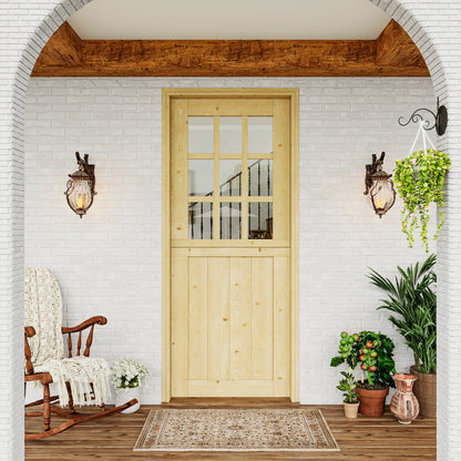 JUJUBON Exterior Prehung Dutch Door, Universal 9 Lite Tempered Clear Glass Split Single Doors, Solid Core Home Entry Door, Natural Pine Wood - with 4 Hinges & 1 Latch & Jamb, Jamb Assembly Needed