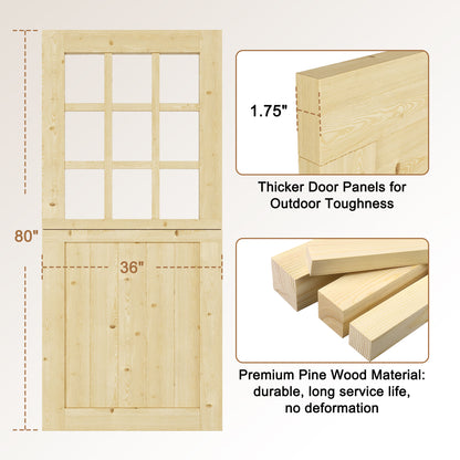 JUJUBON Exterior Prehung Dutch Door, Universal 9 Lite Tempered Clear Glass Split Single Doors, Solid Core Home Entry Door, Natural Pine Wood - with 4 Hinges & 1 Latch & Jamb, Jamb Assembly Needed
