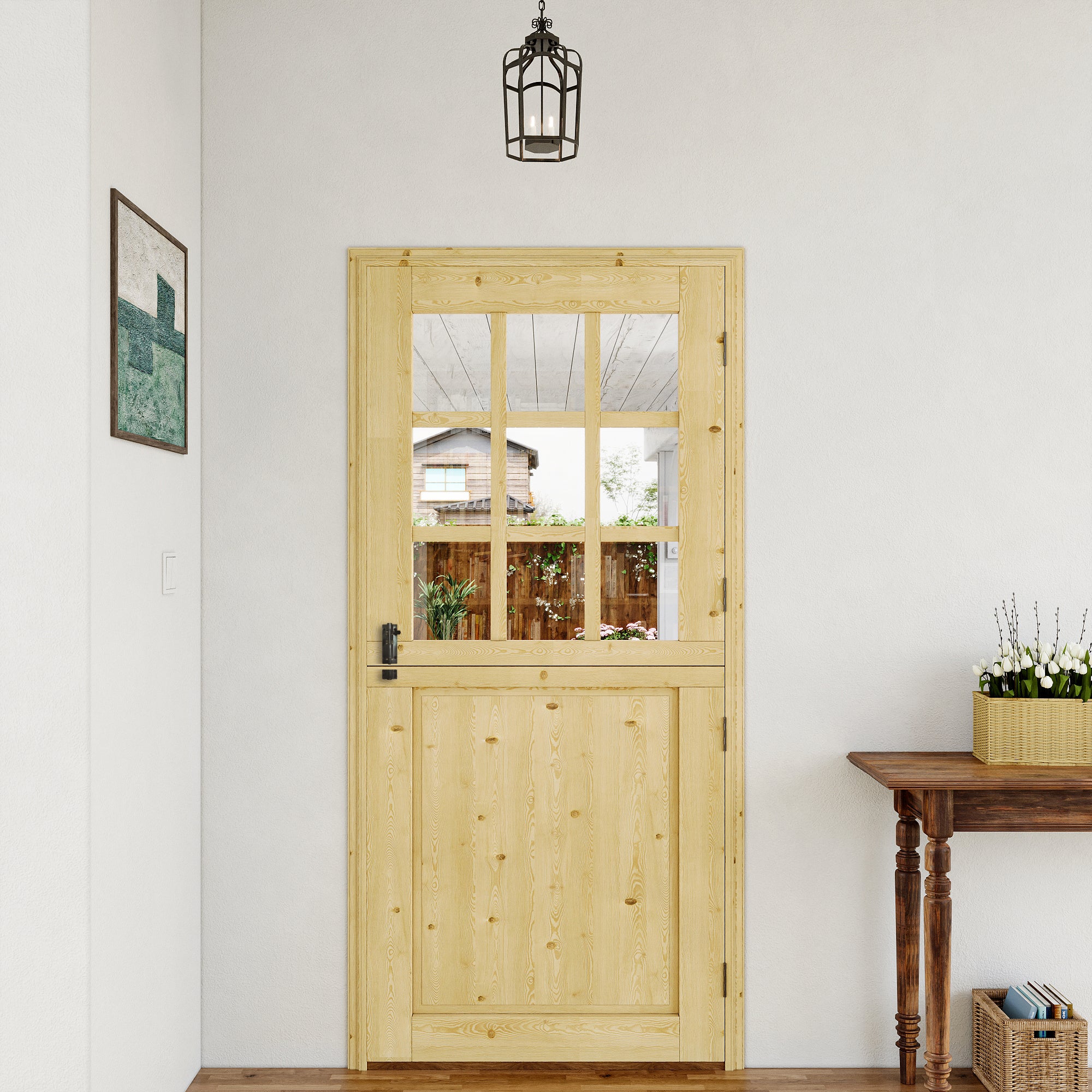 JUJUBON Exterior Dutch Door Slab, Universal 9 Lite Tempered Clear Glass and 1 Panel Split Single Doors, Solid Core Home Door, Natural Pine Wood - with 4 Black Hinges & 1 Latch, Without Jamb