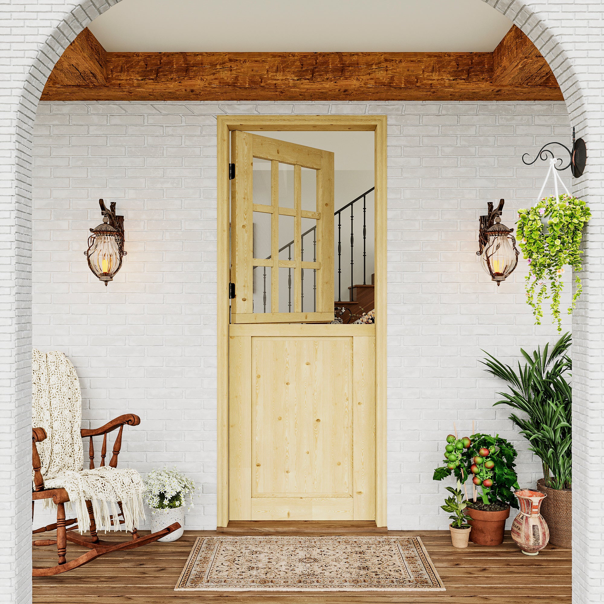 JUJUBON Exterior Dutch Door Slab, Universal 9 Lite Tempered Clear Glass and 1 Panel Split Single Doors, Solid Core Home Door, Natural Pine Wood - with 4 Black Hinges & 1 Latch, Without Jamb