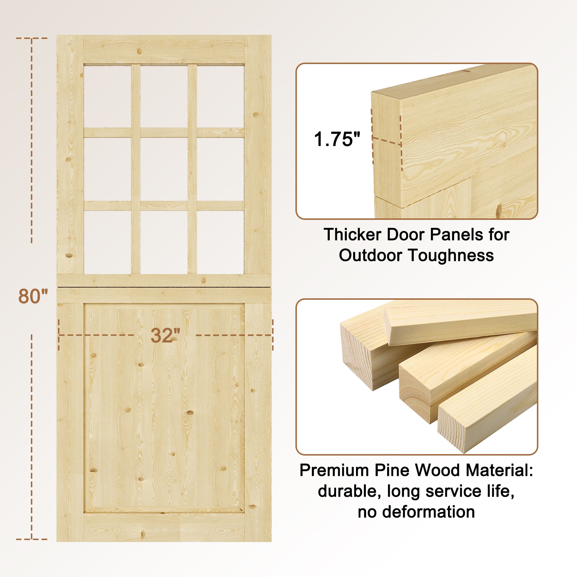 JUJUBON Exterior Dutch Door Slab, Universal 9 Lite Tempered Clear Glass and 1 Panel Split Single Doors, Solid Core Home Door, Natural Pine Wood - with 4 Black Hinges & 1 Latch, Without Jamb