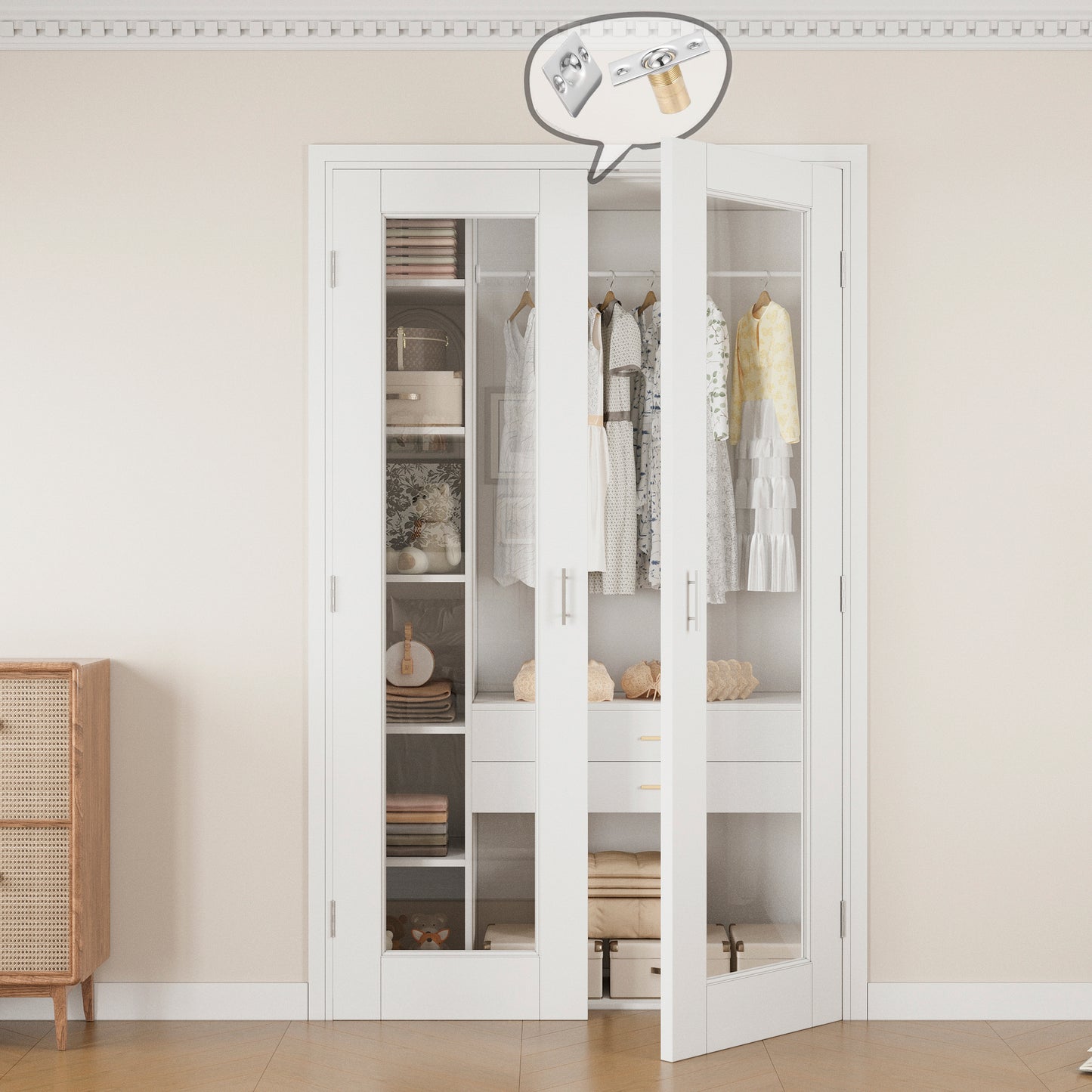 Jujubon 1-Lite Clear Glass White Solid Core Finished Glass French Door Panels Bi-Fold Door with Silver Ball Catch, with Ready-to-Assemble Jamb