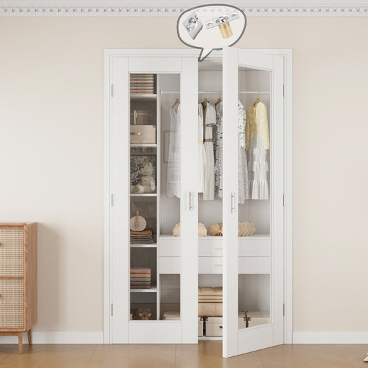 Jujubon 1-Lite Clear Glass White Solid Core Finished Glass French Door Panels Bi-Fold Door with Silver Ball Catch, with Ready-to-Assemble Jamb