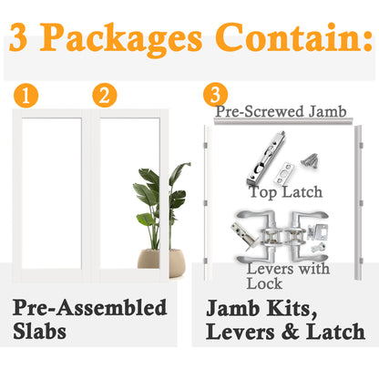 JUJUBON Prehung French Door, 1-Lite Clear Glass Panel with Sliver Handware Kits, 4 Levers & Latch, Solid Core Interior Doors, Pre-Finished & Paintable, MDF Double Doors Interior