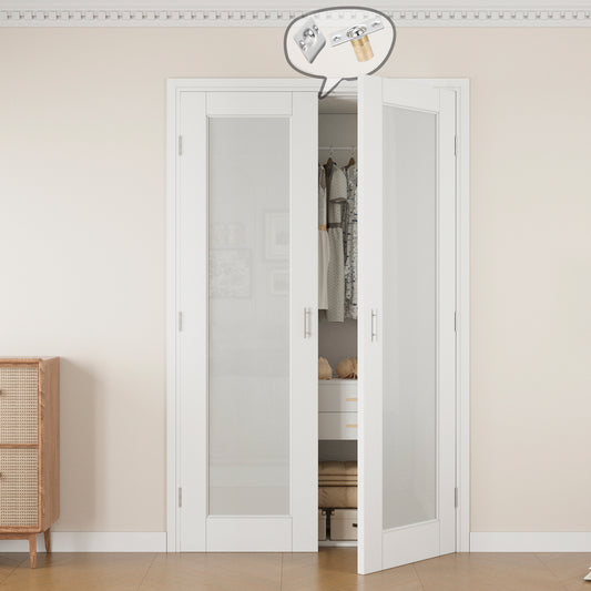 Jujubon 1-Lite Frosted Glass White Solid Core Finished Glass French Door Panels with Silver Ball Catch, with Ready-to-Assemble Jamb