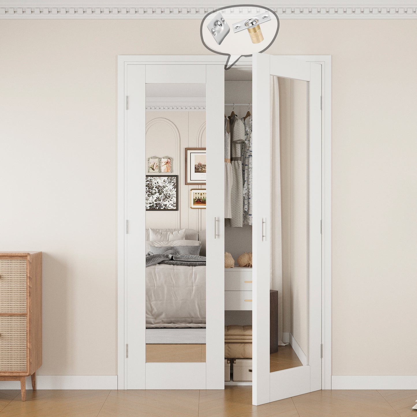 Jujubon 1-Lite One Side Mirror White Solid Core Finished Glass French Door Panels with Silver Ball Catch, with Ready-to-Assemble Jamb