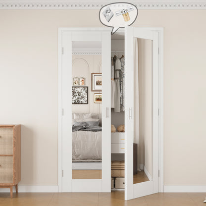 Jujubon 1-Lite One Side Mirror White Solid Core Finished Glass French Door Panels with Silver Ball Catch, with Ready-to-Assemble Jamb