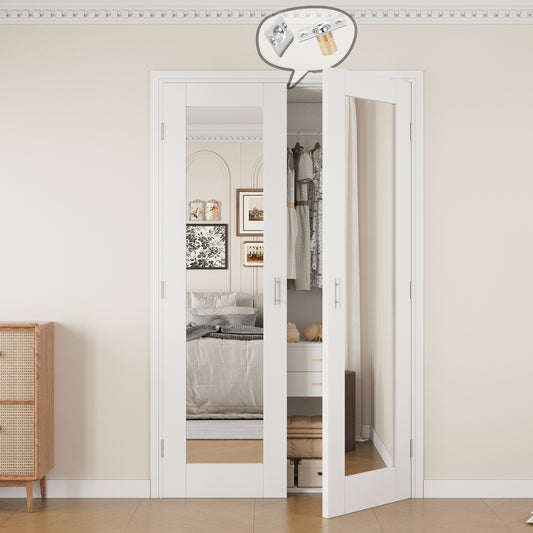 Jujubon 1-Lite One Side Mirror White Solid Core Finished Glass French Door Panels with Silver Ball Catch, with Ready-to-Assemble Jamb