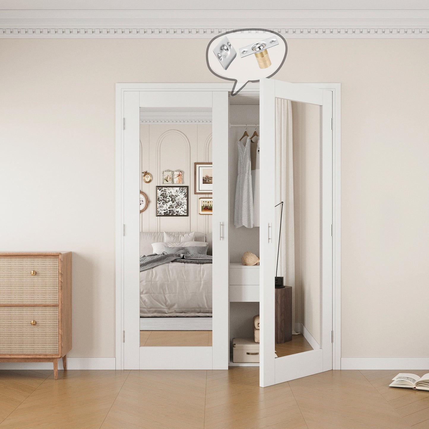 Jujubon 1-Lite One Side Mirror White Solid Core Finished Glass French Door Panels with Silver Ball Catch, with Ready-to-Assemble Jamb