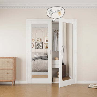 Jujubon 1-Lite One Side Mirror White Solid Core Finished Glass French Door Panels with Silver Ball Catch, with Ready-to-Assemble Jamb