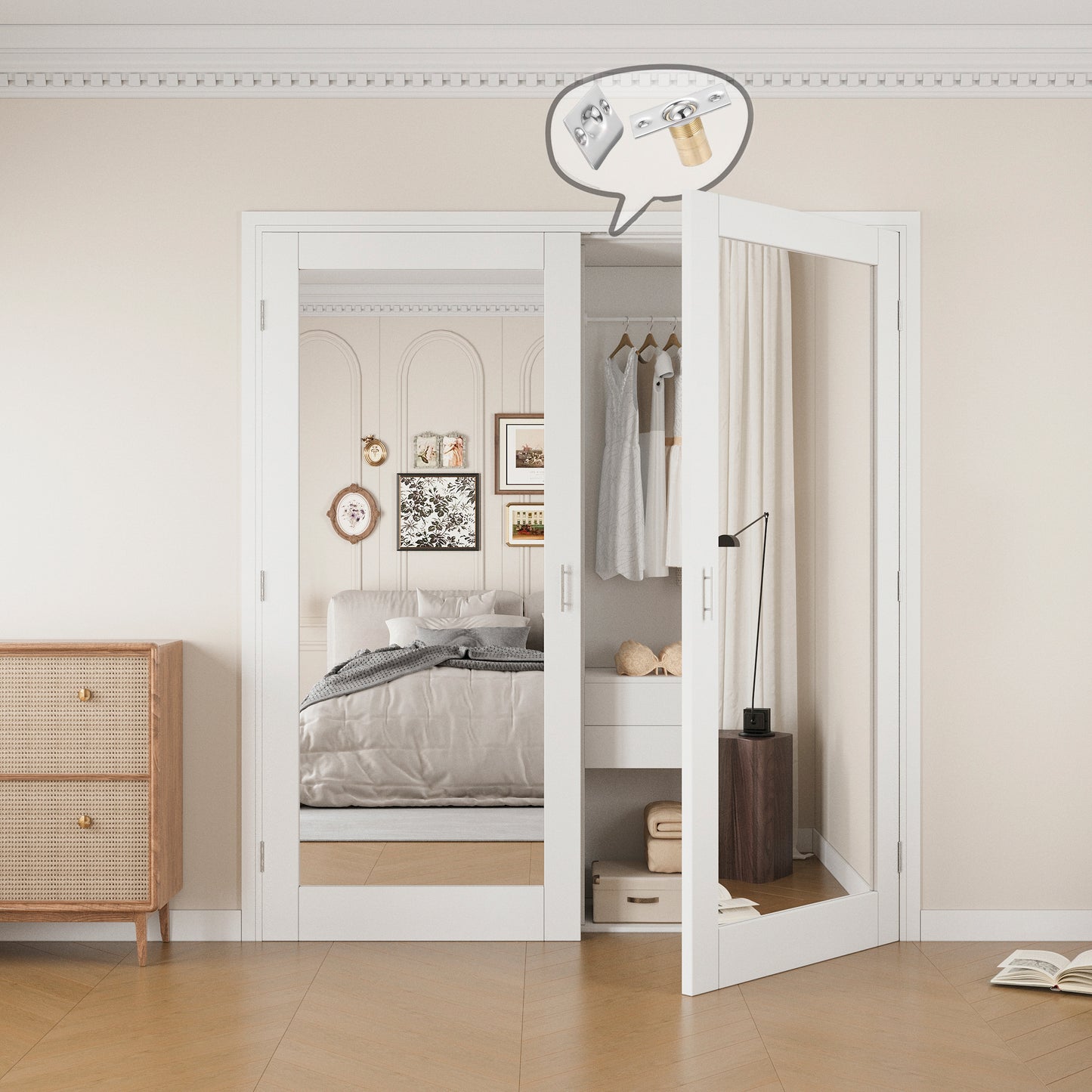 Jujubon 1-Lite One Side Mirror White Solid Core Finished Glass French Door Panels with Silver Ball Catch, with Ready-to-Assemble Jamb