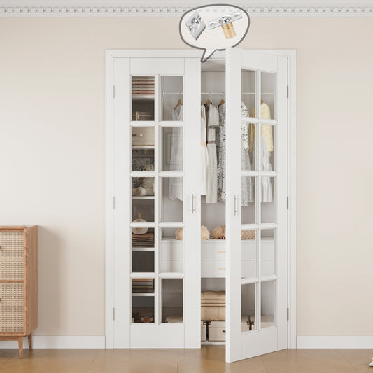 Jujubon 10-Lite Clear Glass White Solid Core Finished Glass French Door Panels with Silver Ball Catch, with Ready-to-Assemble Jamb