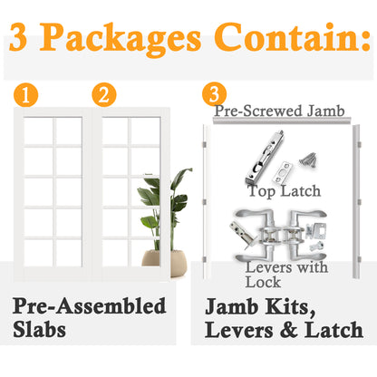 JUJUBON Prehung French Door, 10-Lite Clear Glass Panel with Sliver Handware Kits, 4 Levers & Latch, Solid Core Interior Doors, Pre-Finished & Paintable, MDF Double Doors Interior