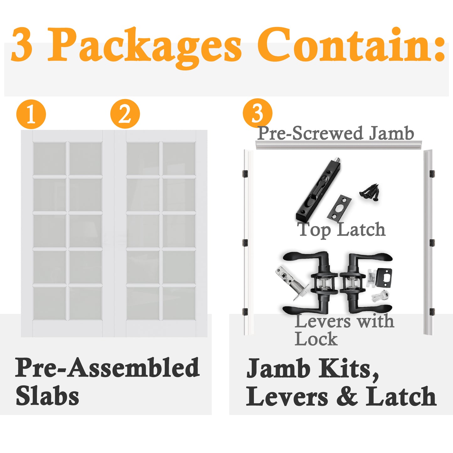 Jujubon 10-Lite Frosted Glass French Door with Hardware Kit & Ready-to-Assemble Jamb, Solid Core MDF Wood, White