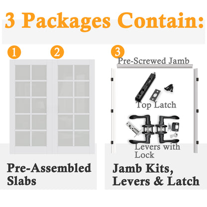 Jujubon 10-Lite Frosted Glass French Door with Hardware Kit & Ready-to-Assemble Jamb, Solid Core MDF Wood, White