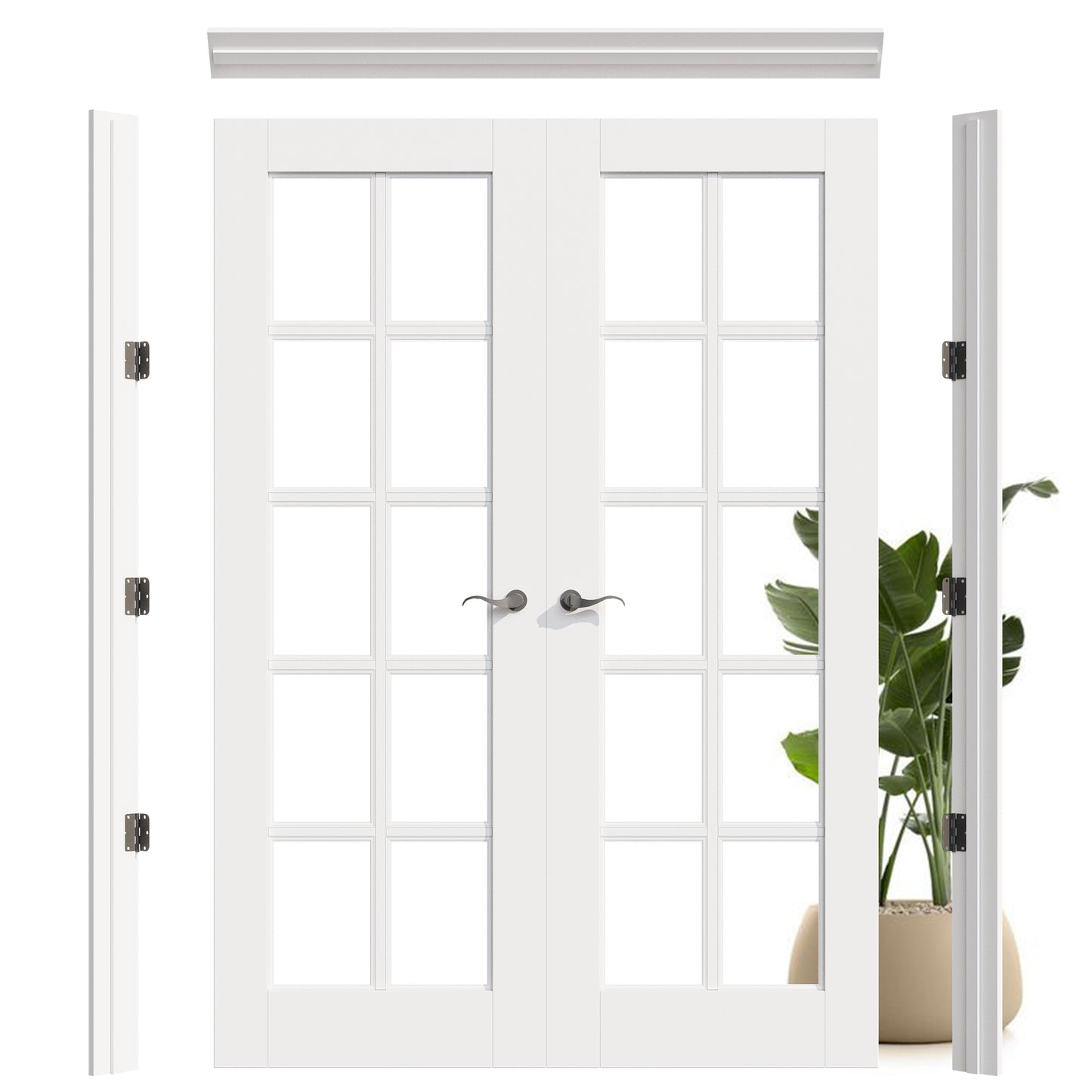 JUJUBON Prehung French Door, 10-Lite Tempered Clear Glass Door Slabs with Jamb, Black Hinges, 4 Levers & Latch, Solid Core Interior Doors, Pre-Finished & Paintable,Double Doors Interior
