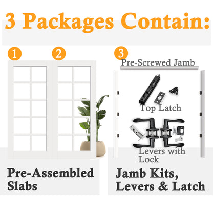 JUJUBON Prehung French Door, 10-Lite Tempered Clear Glass Door Slabs with Jamb, Black Hinges, 4 Levers & Latch, Solid Core Interior Doors, Pre-Finished & Paintable,Double Doors Interior