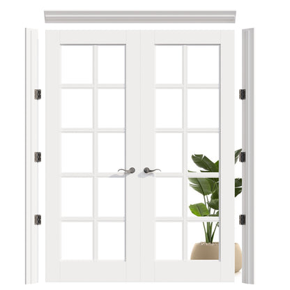 JUJUBON Prehung French Door, 10-Lite Tempered Clear Glass Door Slabs with Jamb, Black Hinges, 4 Levers & Latch, Solid Core Interior Doors, Pre-Finished & Paintable,Double Doors Interior