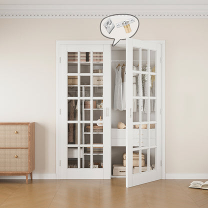 Jujubon 15-Lite Clear Glass White Solid Core Finished Glass French Door Panels with Silver Ball Catch, with Ready-to-Assemble Jamb