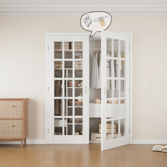 Jujubon 15-Lite Clear Glass White Solid Core Finished Glass French Door Panels with Silver Ball Catch, with Ready-to-Assemble Jamb