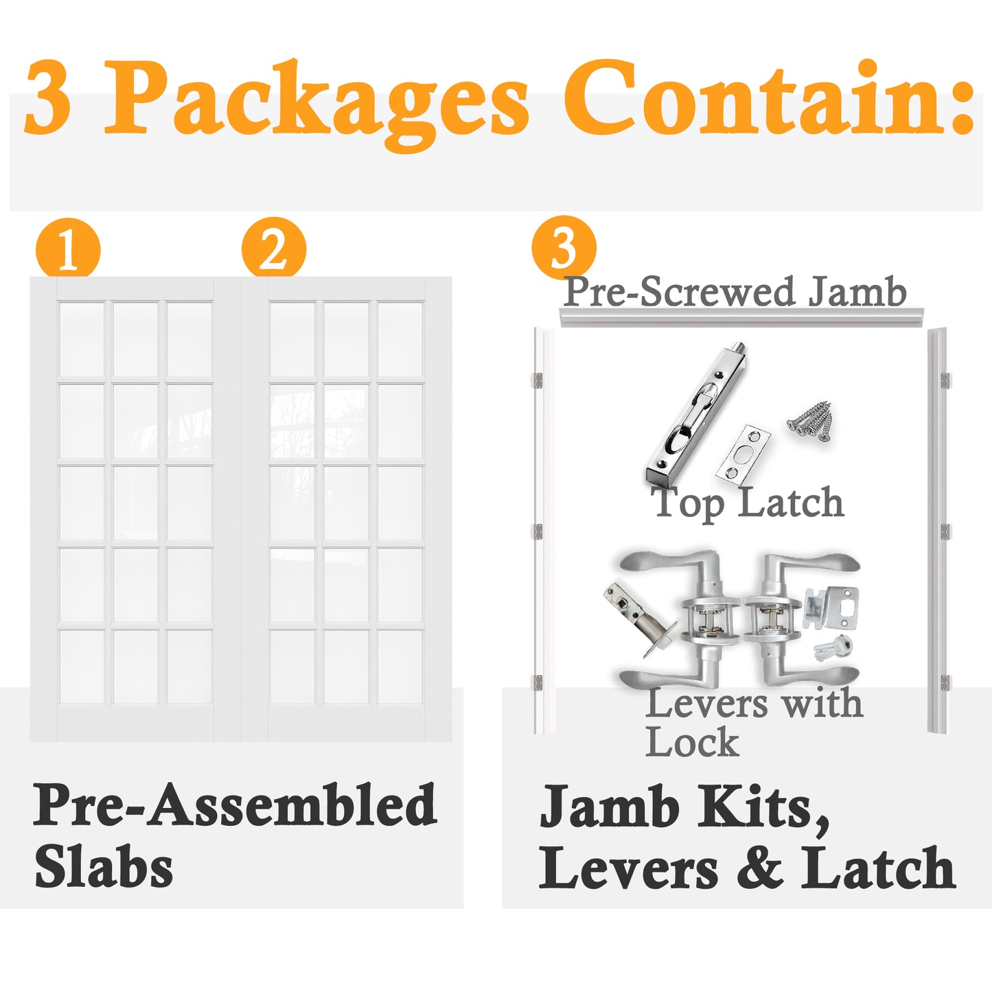 JUJUBON Prehung French Door, 15-Lite Clear Glass Panel with Sliver Handware Kits, 4 Levers & Latch, Solid Core Interior Doors, Pre-Finished & Paintable, MDF Double Doors Interior