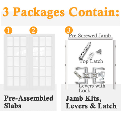 JUJUBON Prehung French Door, 15-Lite Clear Glass Panel with Sliver Handware Kits, 4 Levers & Latch, Solid Core Interior Doors, Pre-Finished & Paintable, MDF Double Doors Interior