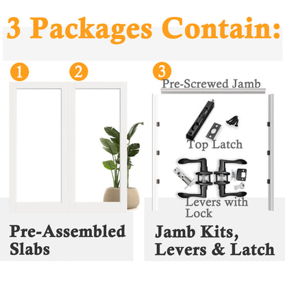 JUJUBON Prehung French Door, 1-Lite Tempered Clear Glass Door Slabs with Jamb, Black Hinges, 4 Levers & Latch, Solid Core Interior Doors, Pre-Finished & Paintable, MDF Double Doors Interior