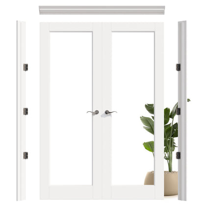 JUJUBON Prehung French Door, 1-Lite Tempered Clear Glass Door Slabs with Jamb, Black Hinges, 4 Levers & Latch, Solid Core Interior Doors, Pre-Finished & Paintable, MDF Double Doors Interior