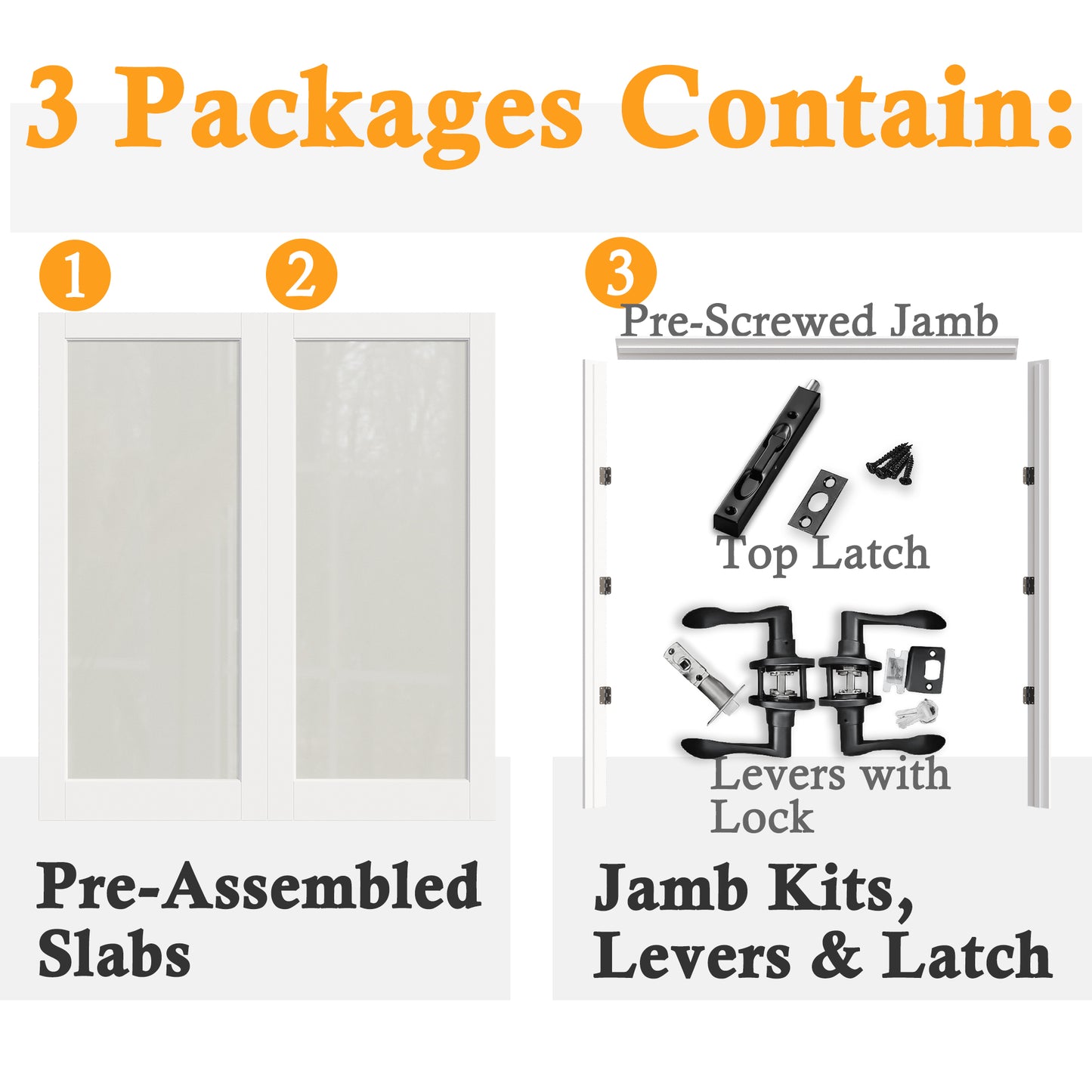 JUJUBON Prehung French Door, Tempered Frosted Glass Door Slabs with Jamb, Black Hinges, 4 Levers & Latch, Solid Core Interior Doosr, Pre-Finished & Paintable, MDF Double Doors Interior