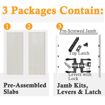 JUJUBON Prehung French Door, Tempered Frosted Glass Door Slabs with Jamb, Black Hinges, 4 Levers & Latch, Solid Core Interior Doosr, Pre-Finished & Paintable, MDF Double Doors Interior