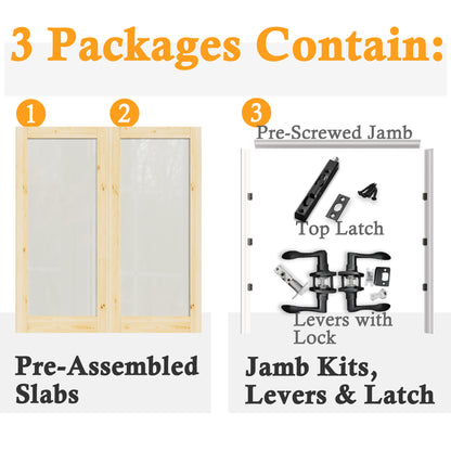JUJUBON Prehung French Door, Tempered Frosted Glass & Pine Wood Door Slabs with Jamb, Black Hinges, 4 Levers & Latch, Solid Core Interior Doors, Unfinished Double Doors Interior