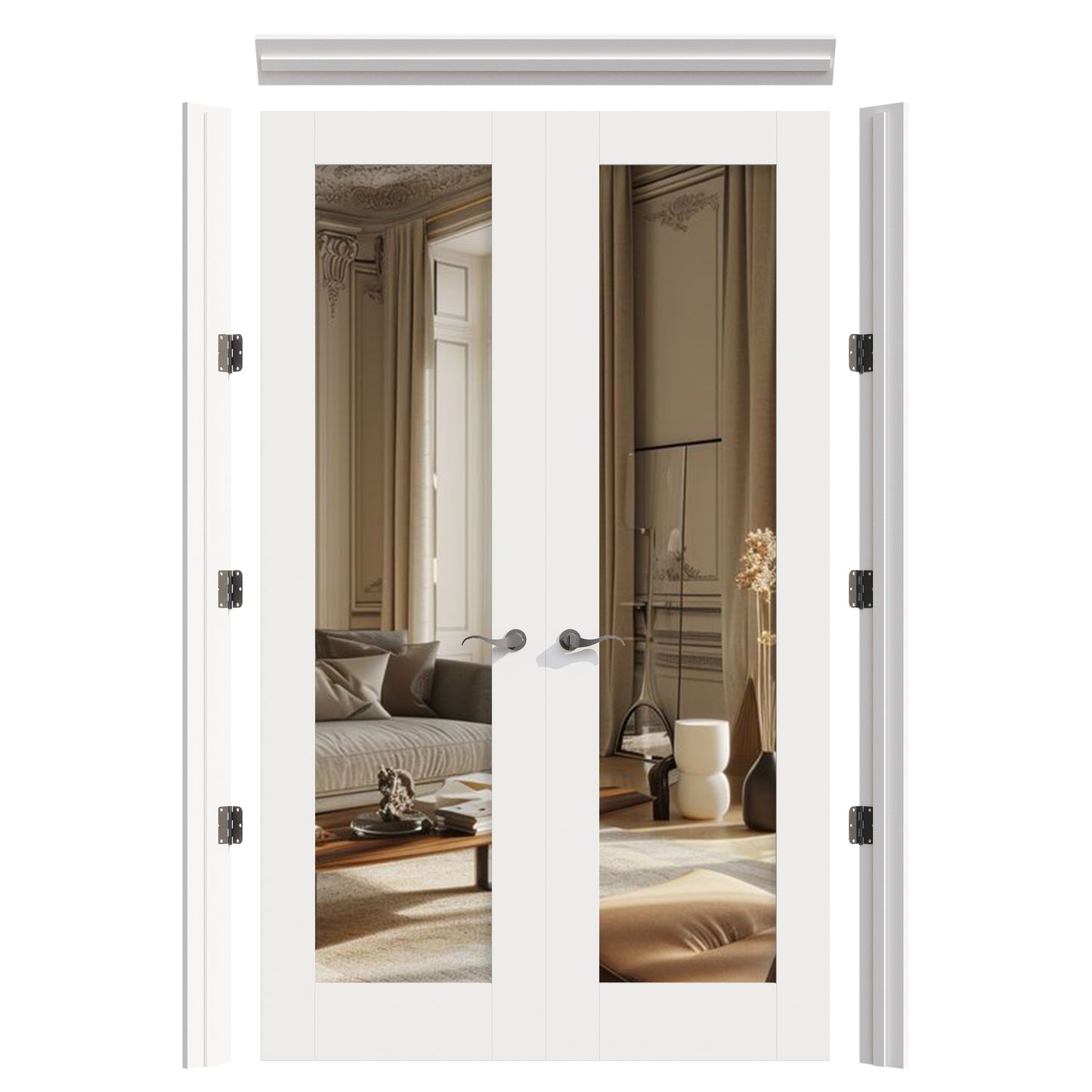 JUJUBON Prehung French Door, Mirror Door Slabs with Jamb, Black Hinges, 4 Levers & Latch, Solid Core Interior Doors, Pre-Finished & Paintable, One Side Mirror & The Opposite White
