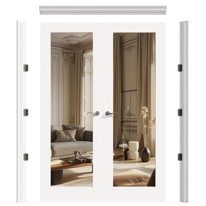 JUJUBON Prehung French Door, Mirror Door Slabs with Jamb, Black Hinges, 4 Levers & Latch, Solid Core Interior Doors, Pre-Finished & Paintable, One Side Mirror & The Opposite White