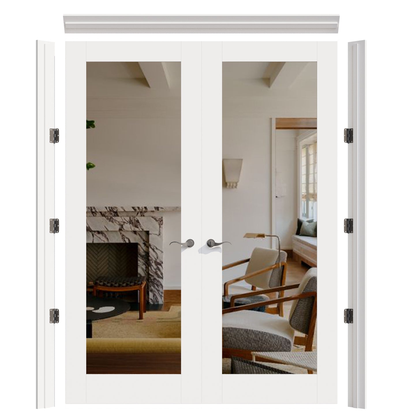 JUJUBON Prehung French Door, Mirror Door Slabs with Jamb, Black Hinges, 4 Levers & Latch, Solid Core Interior Doors, Pre-Finished & Paintable, One Side Mirror & The Opposite White