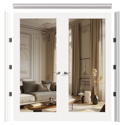 JUJUBON Prehung French Door, Mirror Door Slabs with Jamb, Black Hinges, 4 Levers & Latch, Solid Core Interior Doors, Pre-Finished & Paintable, One Side Mirror & The Opposite White