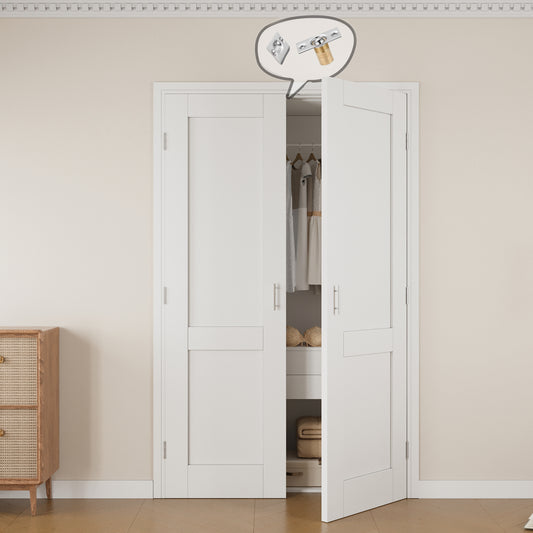 Jujubon 2-Lite Panel White Solid Core Finished Glass French Door Panels with Silver Ball Catch, with Ready-to-Assemble Jamb
