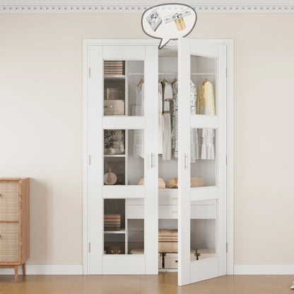 Jujubon 3-Lite Clear Glass White Solid Core Finished Glass French Door Panels with Silver Ball Catch, with Ready-to-Assemble Jamb