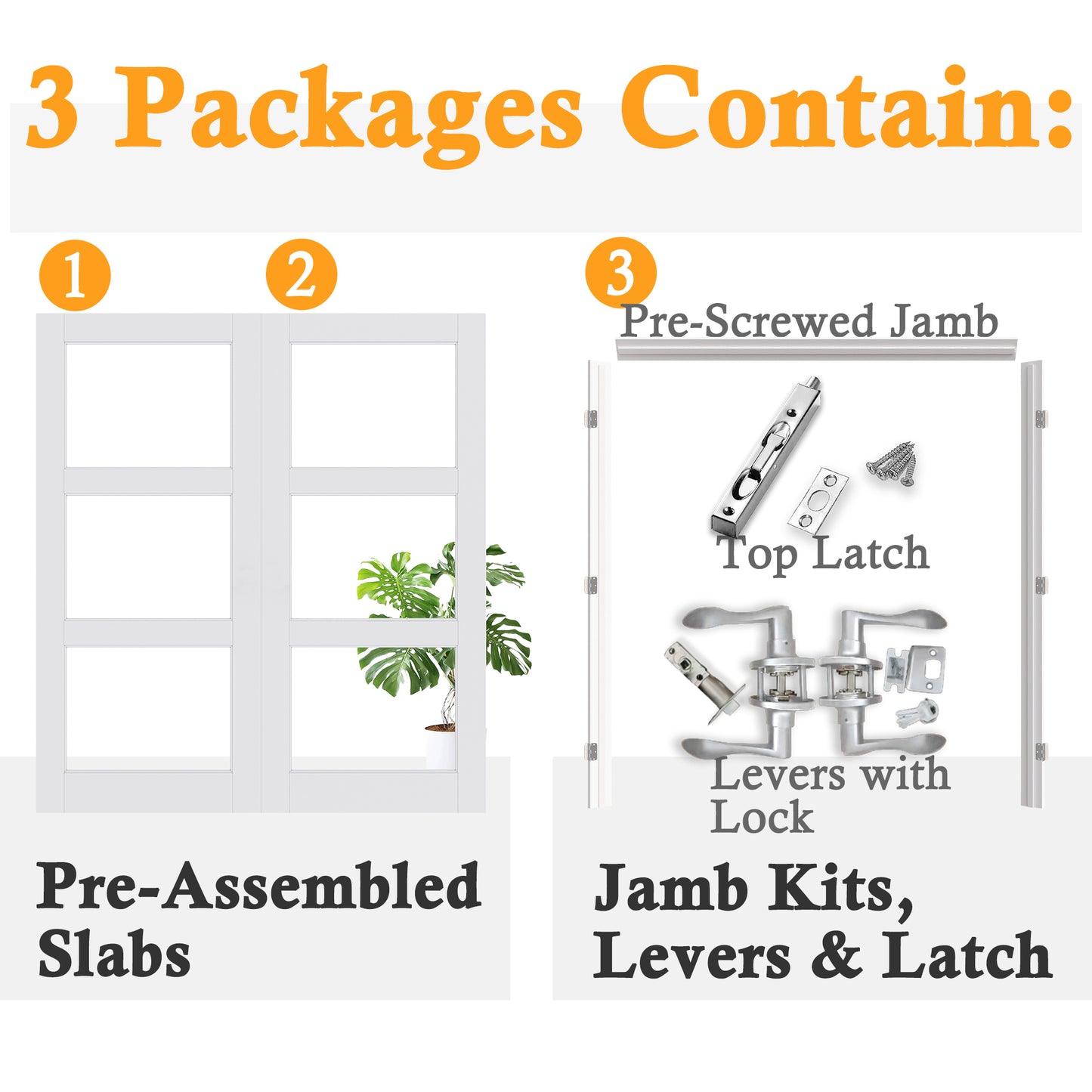 JUJUBON Prehung French Door, 3-Lite Clear Glass Panel with Sliver Handware Kits, 4 Levers & Latch, Solid Core Interior Doors, Pre-Finished & Paintable, MDF Double Doors Interior