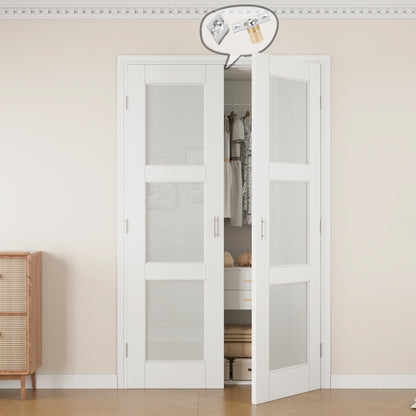Jujubon 3-Lite Frosted Glass White Solid Core Finished Glass French Door Panels with Silver Ball Catch, with Ready-to-Assemble Jamb