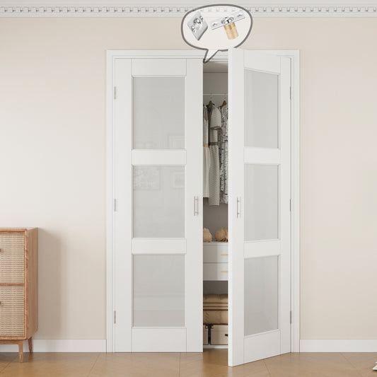 Jujubon 3-Lite Frosted Glass White Solid Core Finished Glass French Door Panels with Silver Ball Catch, with Ready-to-Assemble Jamb