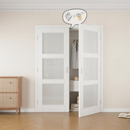 Jujubon 3-Lite Frosted Glass White Solid Core Finished Glass French Door Panels with Silver Ball Catch, with Ready-to-Assemble Jamb