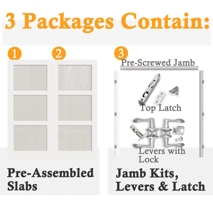JUJUBON Prehung French Door, 3-Lite Frosted Glass Panel with Sliver Handware Kits, 4 Levers & Latch, Solid Core Interior Doors, Pre-Finished & Paintable, MDF Double Doors Interior