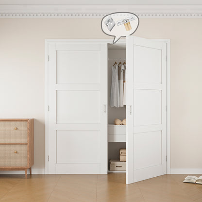 Jujubon 3-Lite Panel White Solid Core Finished Glass French Door Panels with Silver Ball Catch, with Ready-to-Assemble Jamb