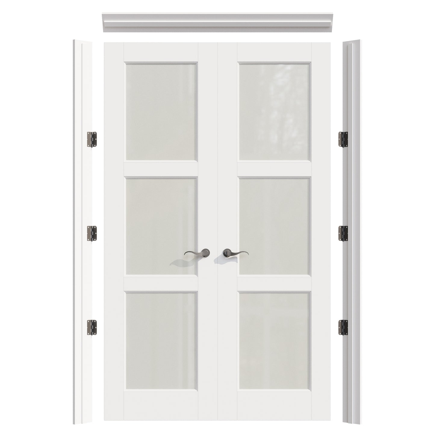 JUJUBON Prehung French Door, 3 Lite Tempered Frosted Glass Door Slabs with Jamb, Black Hinges, 4 Levers & Latch, Solid Core Interior Doors, Pre-Finished & Paintable, MDF Double Doors Interior