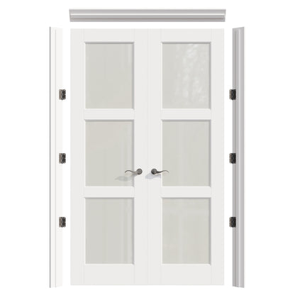 JUJUBON Prehung French Door, 3 Lite Tempered Frosted Glass Door Slabs with Jamb, Black Hinges, 4 Levers & Latch, Solid Core Interior Doors, Pre-Finished & Paintable, MDF Double Doors Interior