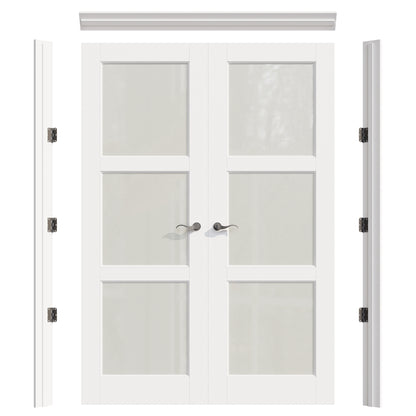 JUJUBON Prehung French Door, 3 Lite Tempered Frosted Glass Door Slabs with Jamb, Black Hinges, 4 Levers & Latch, Solid Core Interior Doors, Pre-Finished & Paintable, MDF Double Doors Interior